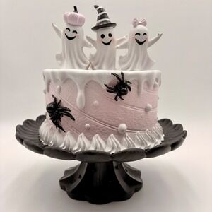 Pinkoween Halloween Ghost Cake  Spooky Sweet Pastel Decor Black Pedestal Base